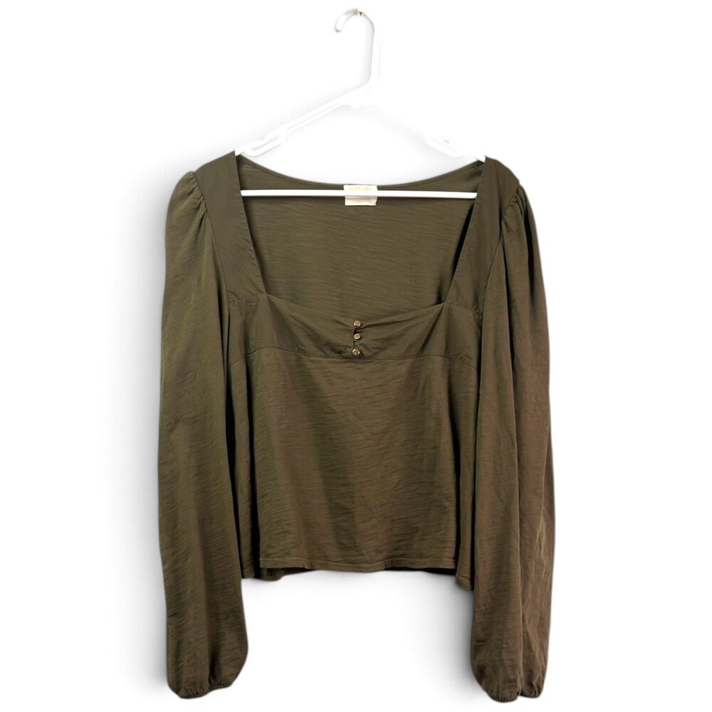 nation ltd olive green square neck pima cotton puff long sleeve pascale top lg
